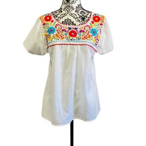 Liliana Cruz Multicolor Floral Embroidered White Top Shirt Sz-Small